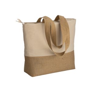 Bolsa de algodón 280 g/m2 con fuelle, con base de yute, asas largas