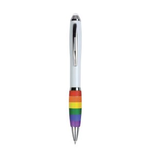 Bolígrafo giratorio de plástico con cuerpo blanco, empuñadura arco iris
