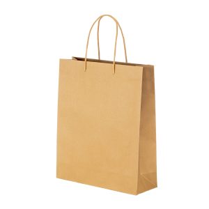 Bolsa de papel reciclado natural de 150 g/m2 con fuelle y asas cortas de color