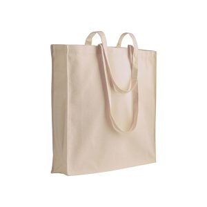 Bolsa de algodón con fuelle y asas largas.