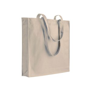 Bolsa de algodón 250 gr/m&sup2; con fuelle, asas de 65 x 3 cm y cierre cremallera. Medidas 38 x